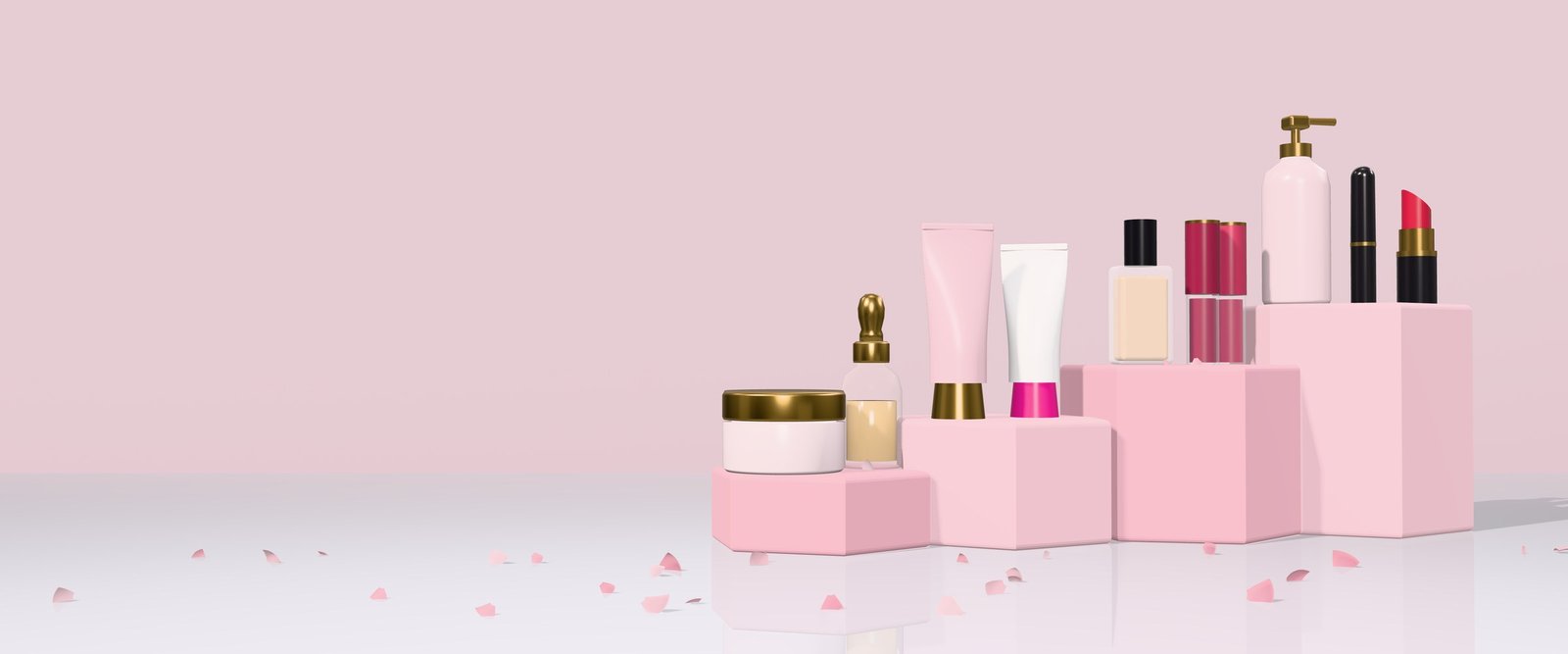 Soins, rouges à lèvres, fond de teint et mascara présentés sur des podiums roses